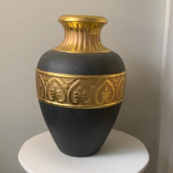 Dark brown gold leaf large ceramic decorative vase home decor shelf vintage art - Picture 5 of 10